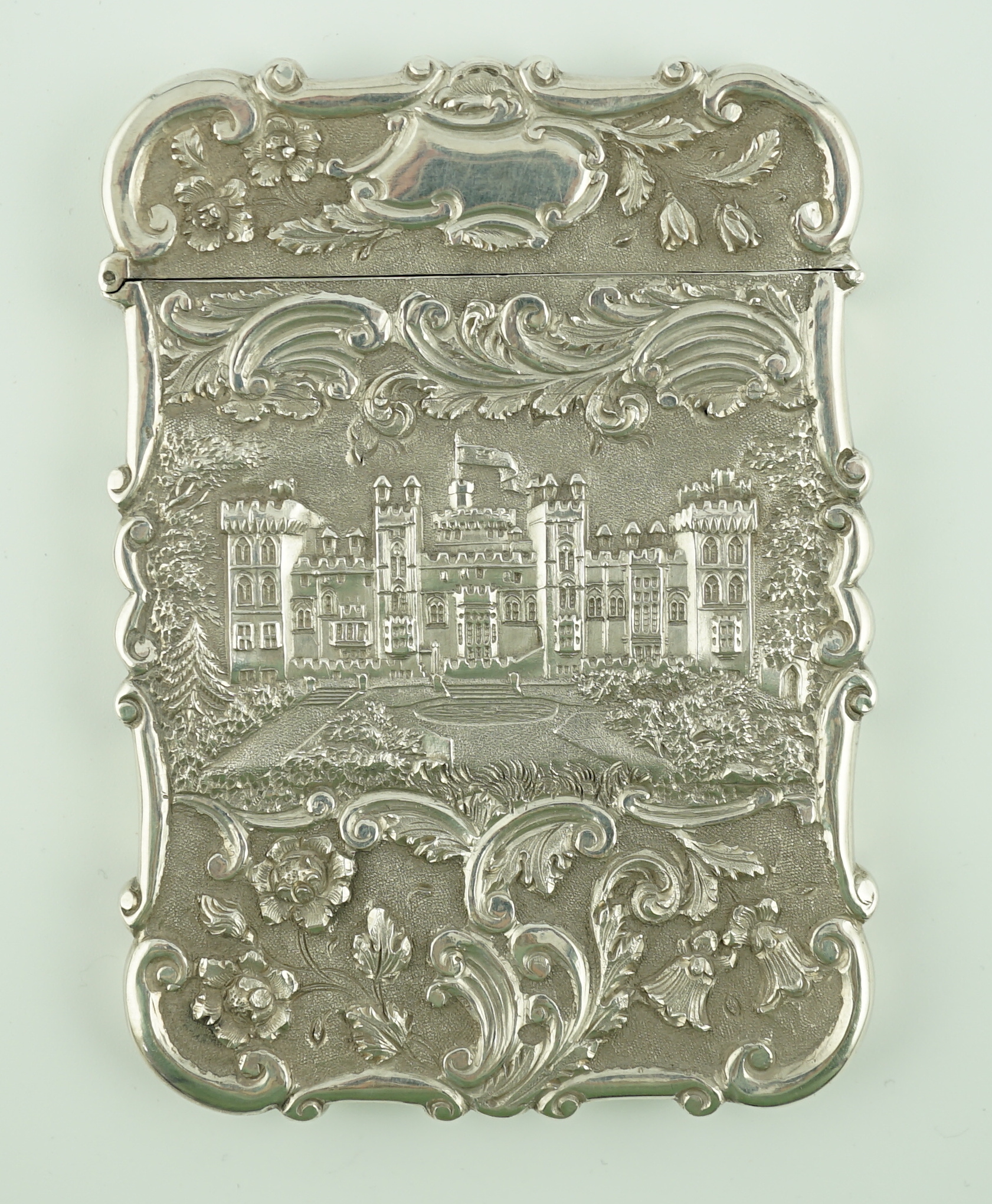 An early Victorian silver 'castle top' card case by Nathaniel Mills